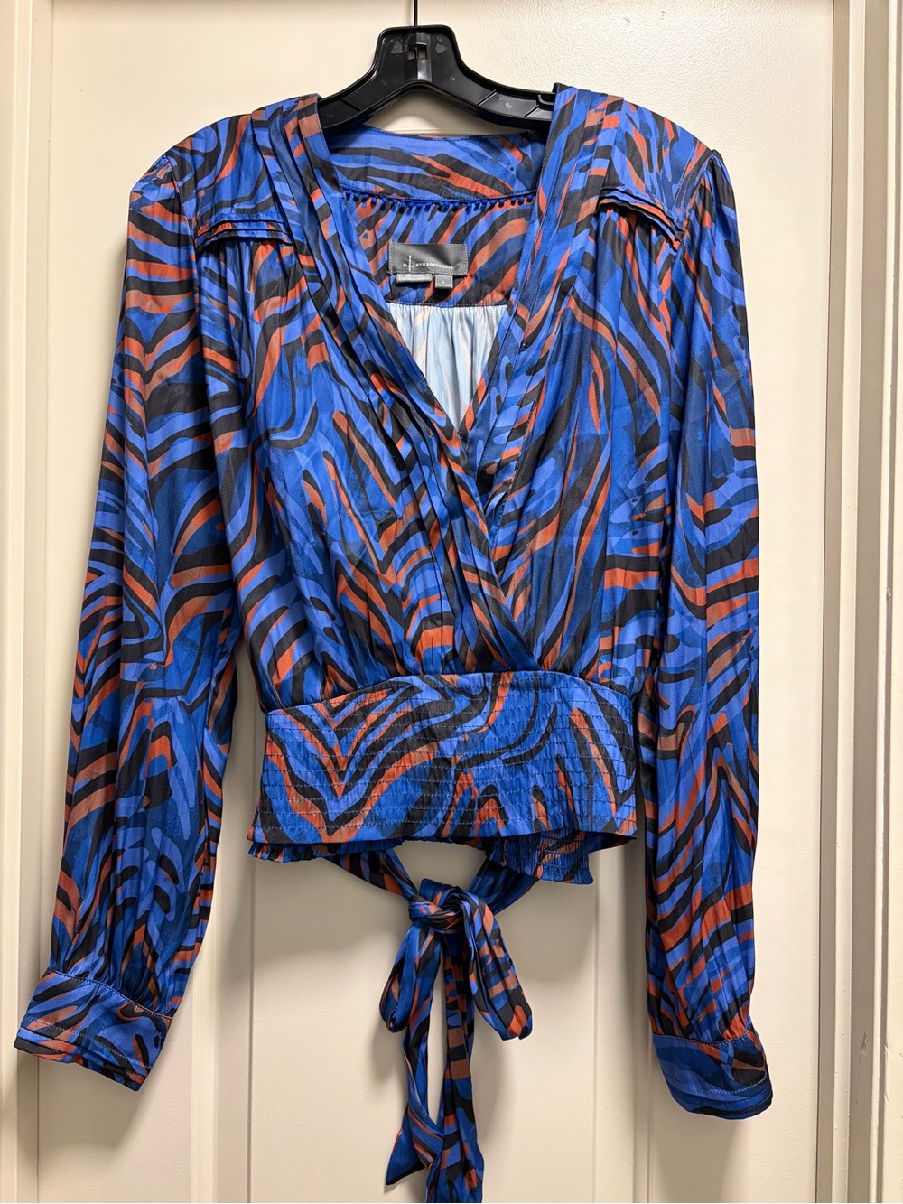 Anthropologie Zebra Print Wrap Crop Blouse | Size L | Blue Orange Black